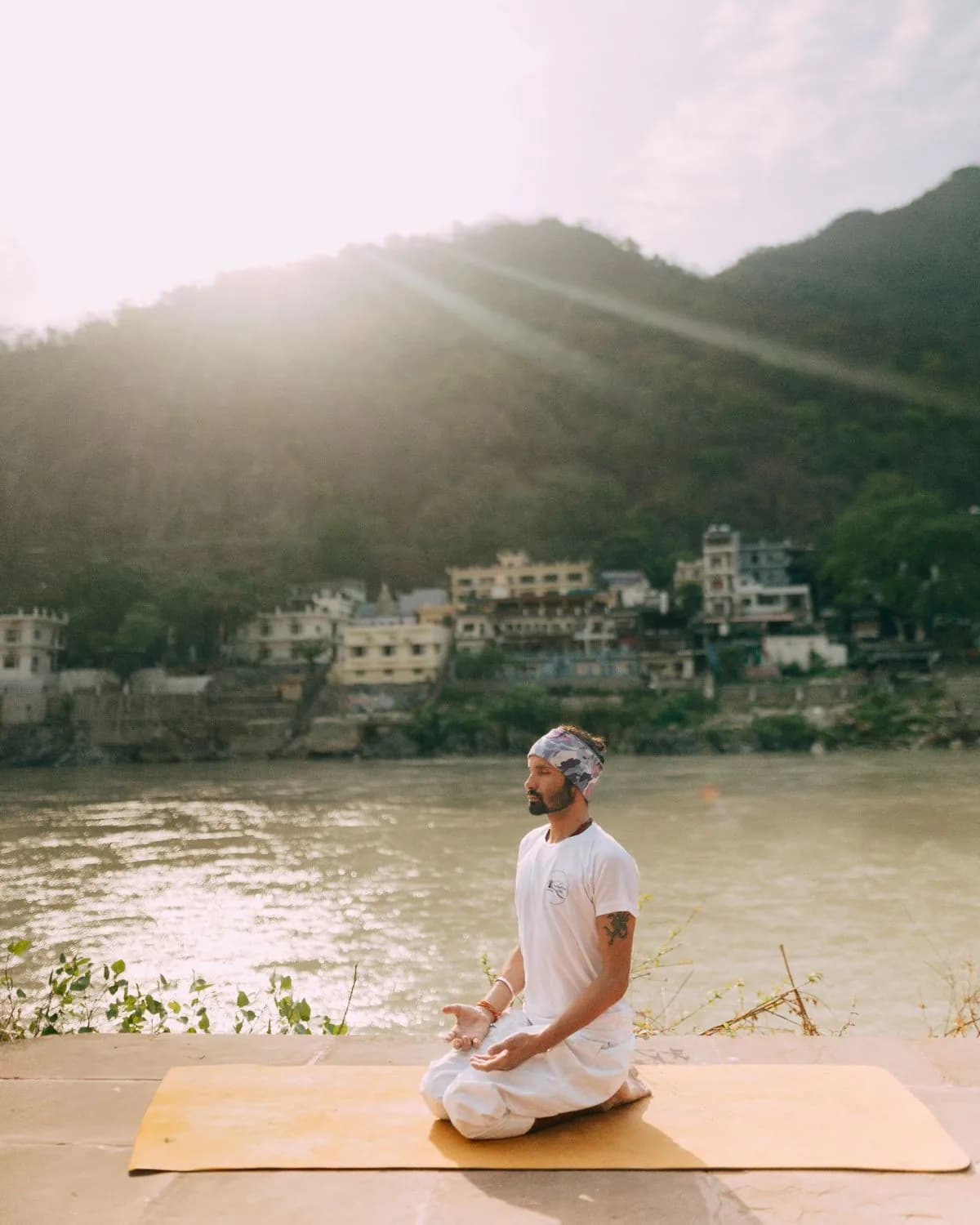 Sunrise yoga on the banks of the Ganga, Rishikesh