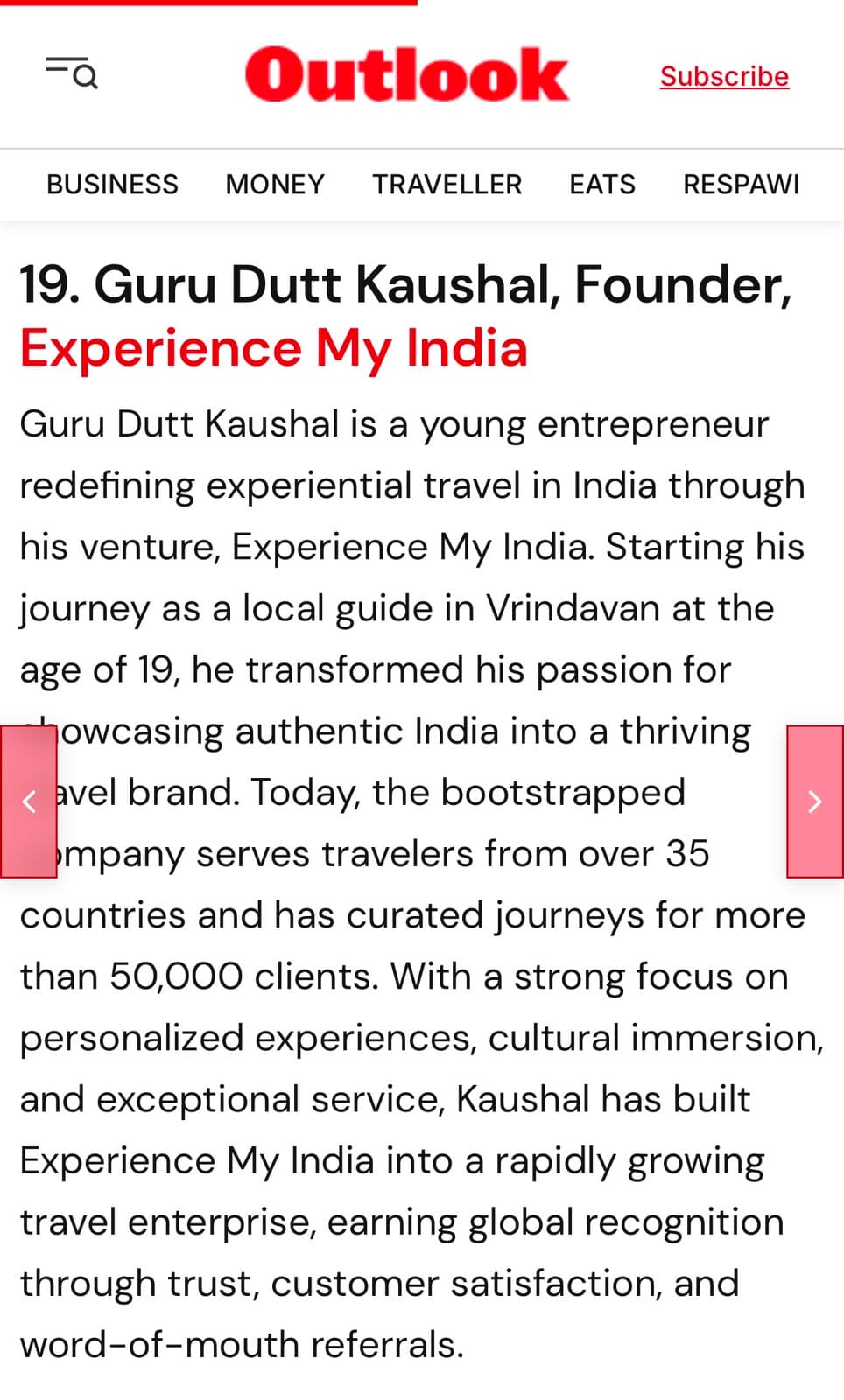 Screenshot of the Outlook India article listing Guru Dutt Kaushal, Founder of Experience My India, at number 19 in 40 Rising Leaders Below 40